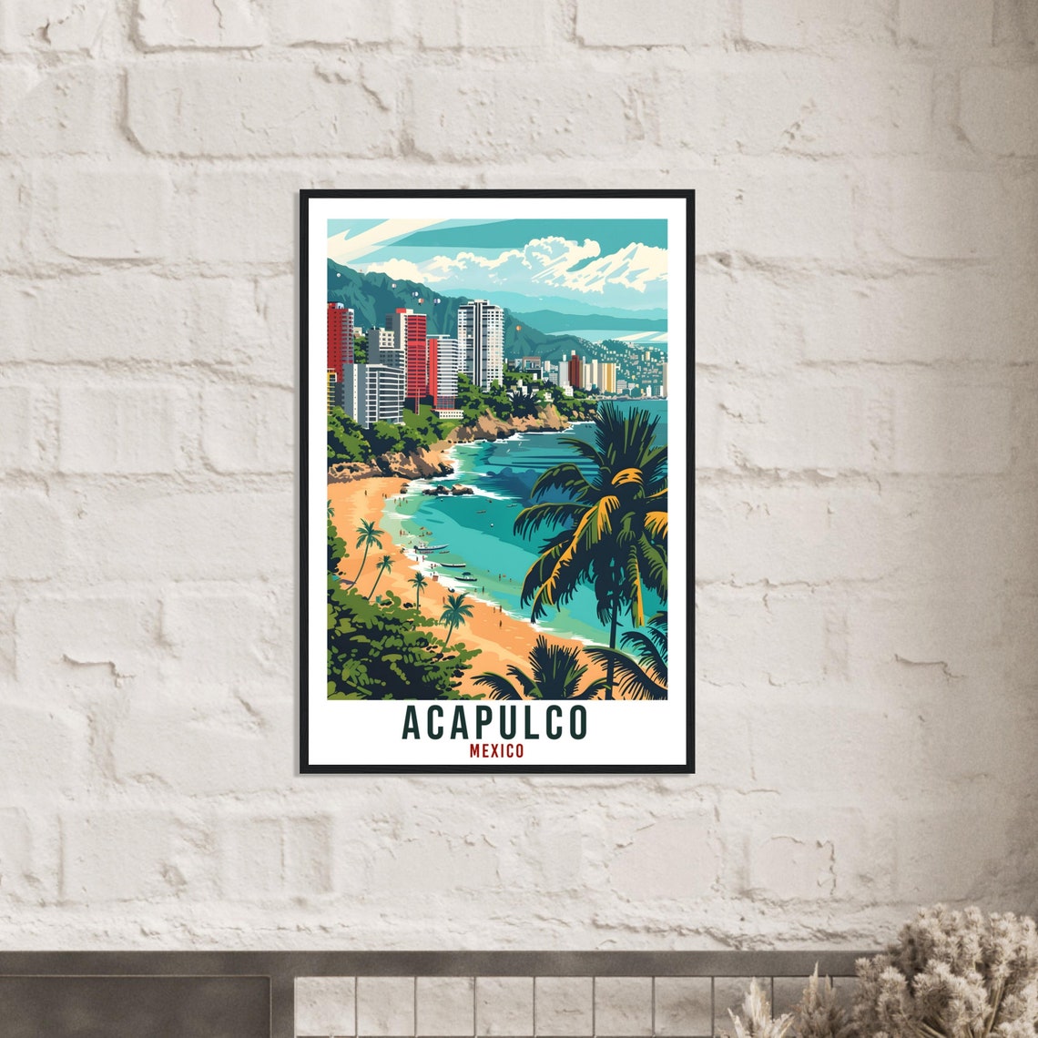 Acapulco Mexico Pacific Bay Beachfront High Rise Cliffs Palm Fronds Poster - Image 3
