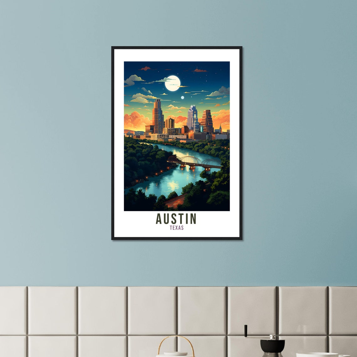 Austin Texas Moonlit Skyline River Bridge Night Scene Poster - Image 3