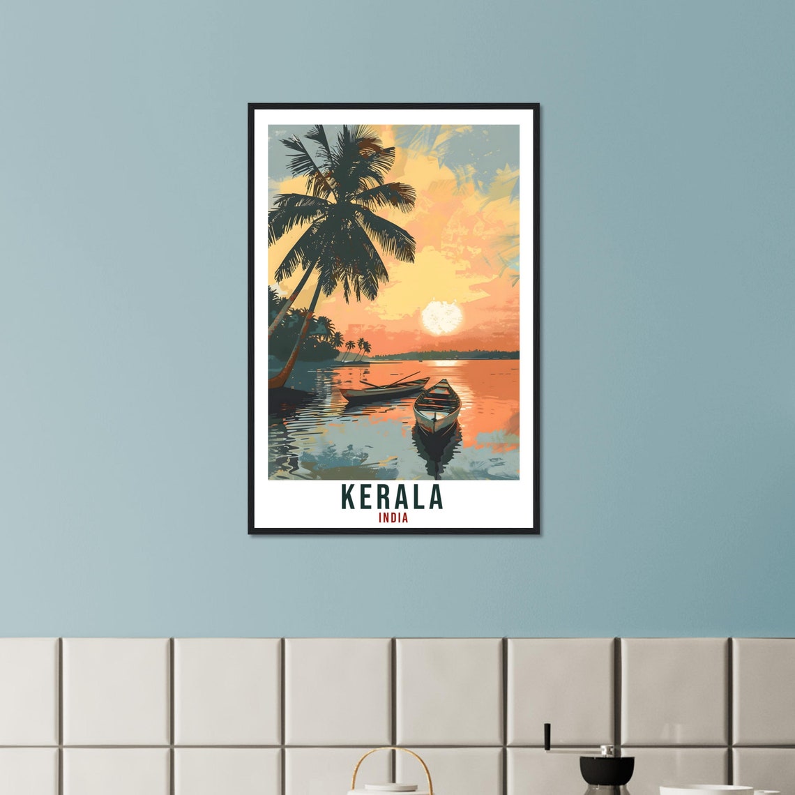Tropical Kerala India Backwaters Sunset Palm Boat Travel Poster - Image 2