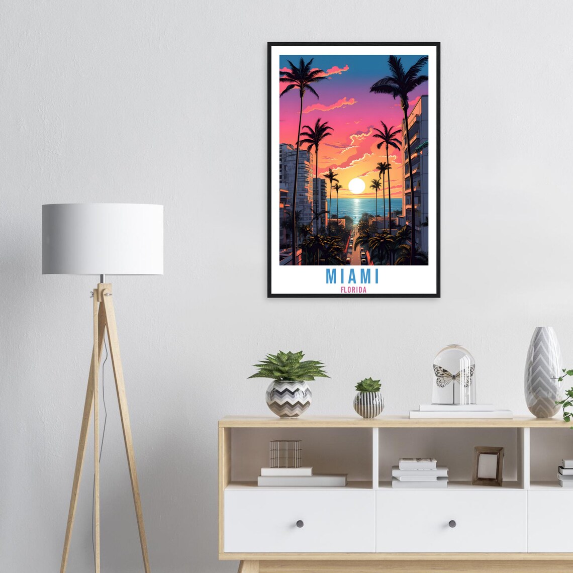 Miami Florida Palm Street Sunset Ocean Condos Pink Sky Travel Poster - Image 2