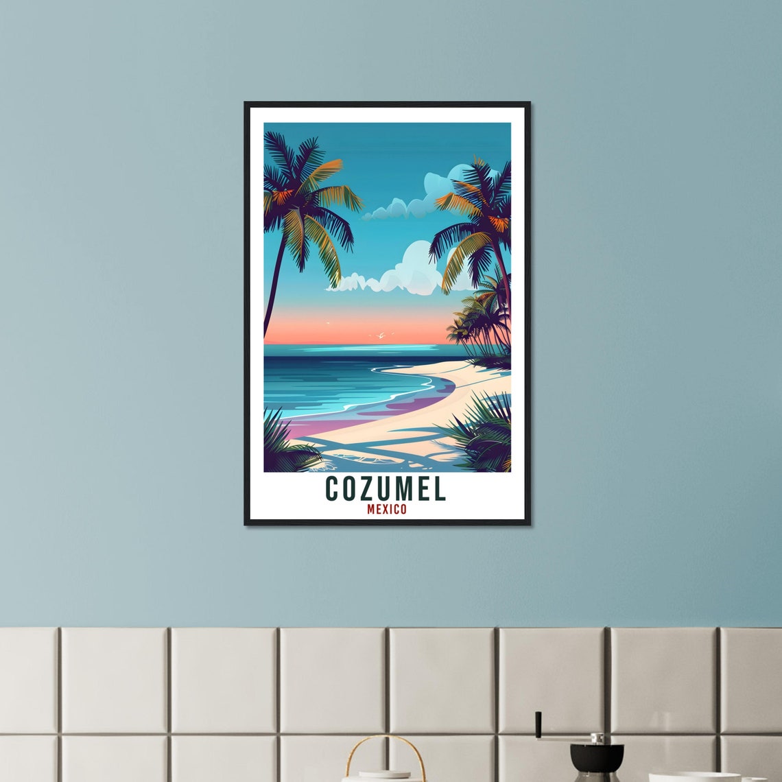 Cozumel Mexico Sunset Beach Tall Palm Trees Retro Travel Poster - Image 2