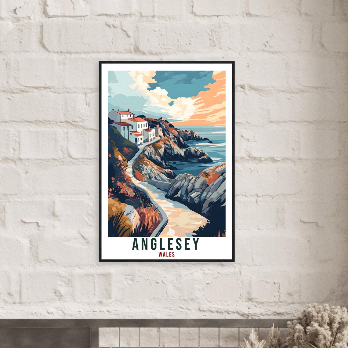 Anglesey Wales Coastal Cottages Rocky Cove Sunset Travel Poster - Image 2