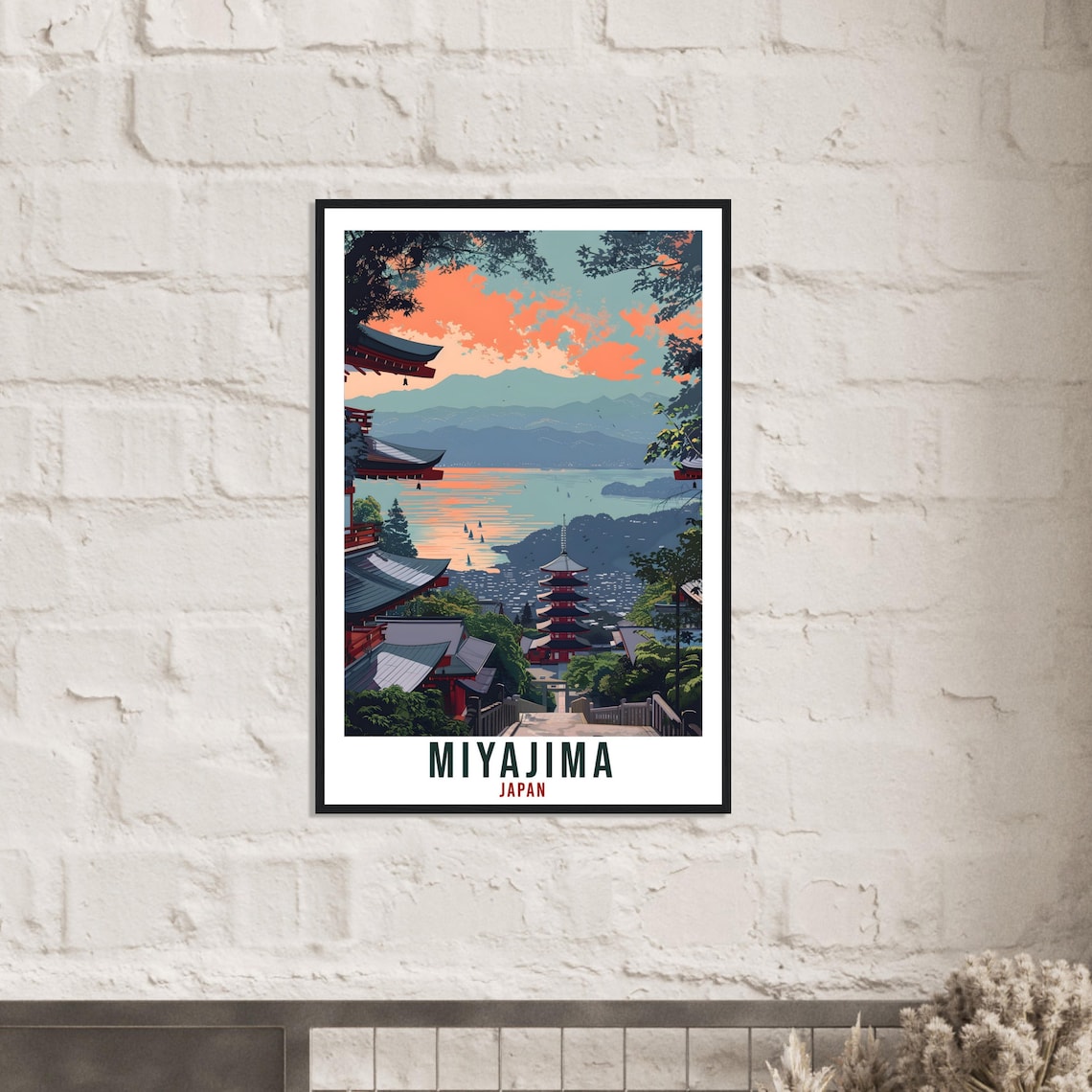 Miyajima Japan Red Pagoda Temple Sunset Over the Sea Travel Poster - Image 2