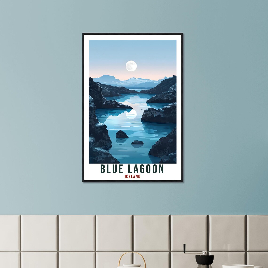 Blue Lagoon Iceland Night Scene Moonlit Lava Rocks Travel Poster - Image 2