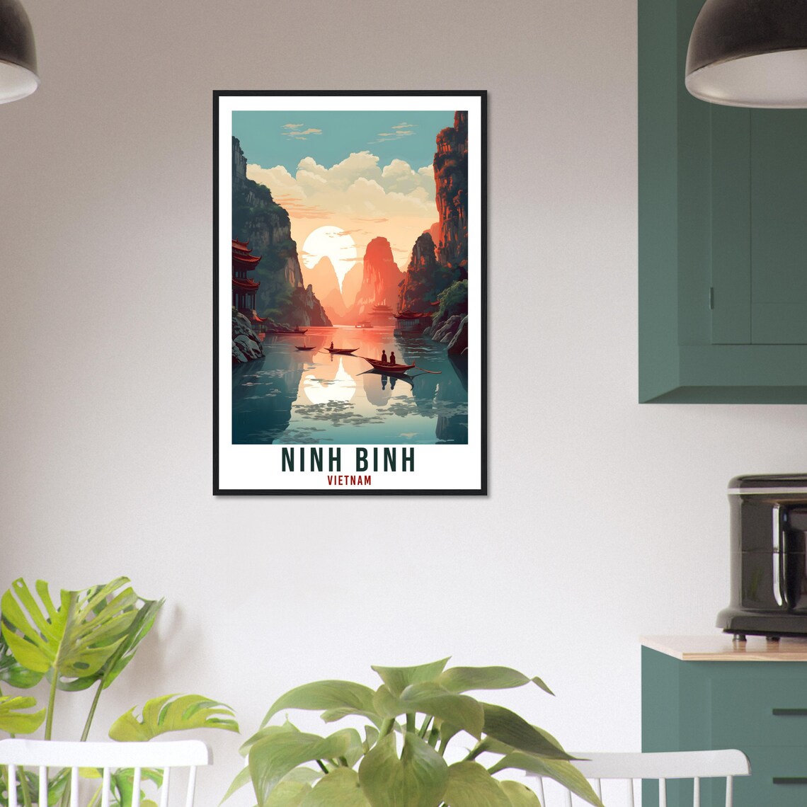 Ninh Binh Vietnam Karst Cliffs River Boats Sunset Travel Poster - Image 2