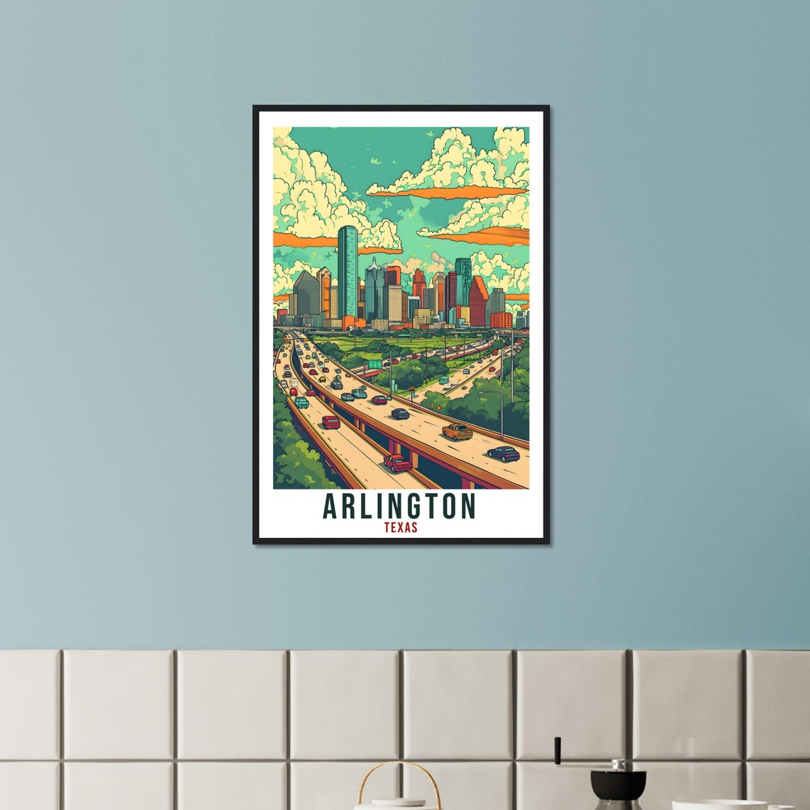 Arlington Texas Downtown Skyline Highway Retro Style Travel Poster - Image 2