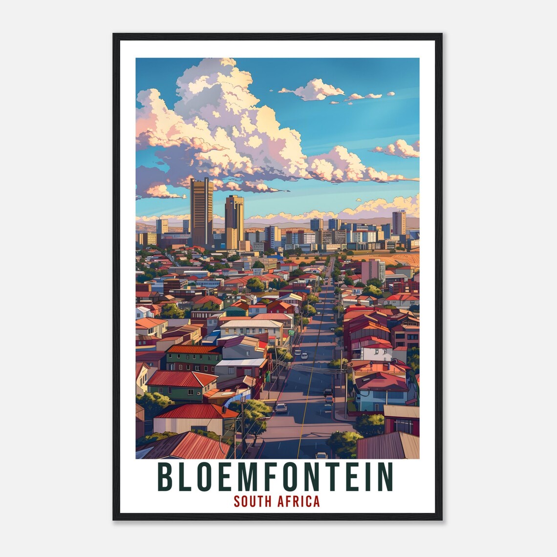 Bloemfontein South Africa City Avenue Red Roofs Skyline Travel Poster - Image 4