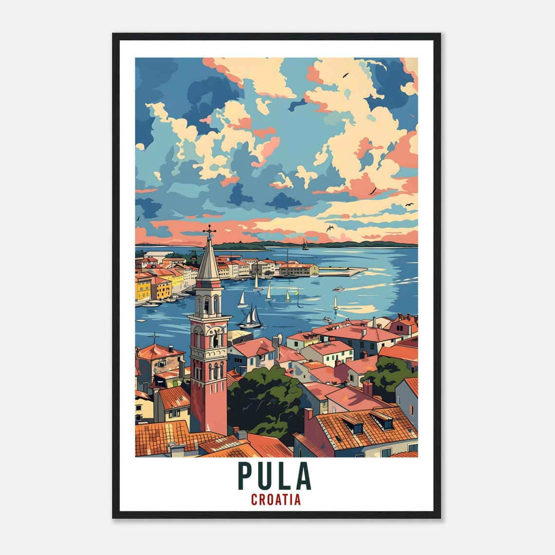 Vintage Pula Croatia Coastal Sunset Harbor Old Town Travel Poster - Image 4