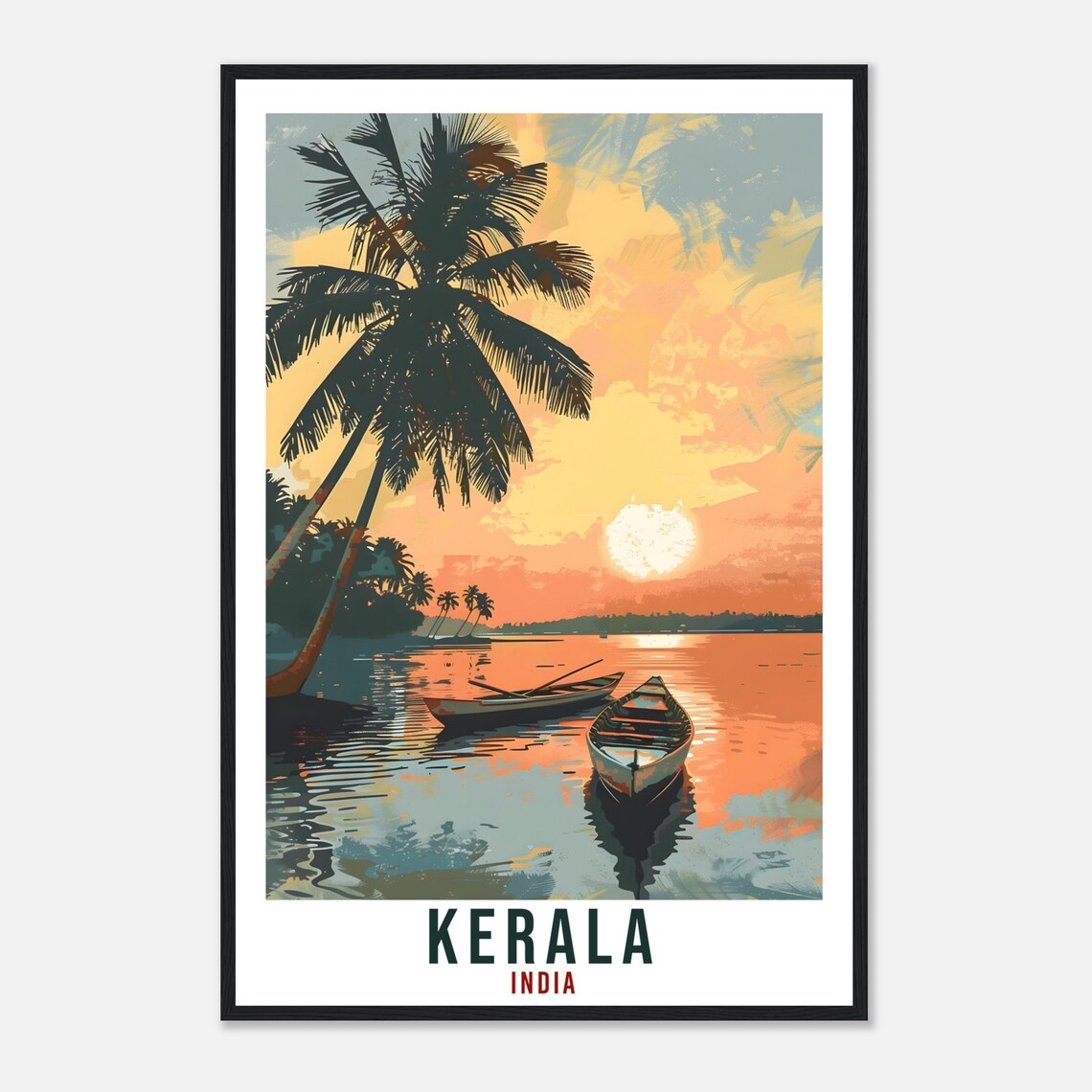 Tropical Kerala India Backwaters Sunset Palm Boat Travel Poster - Image 4