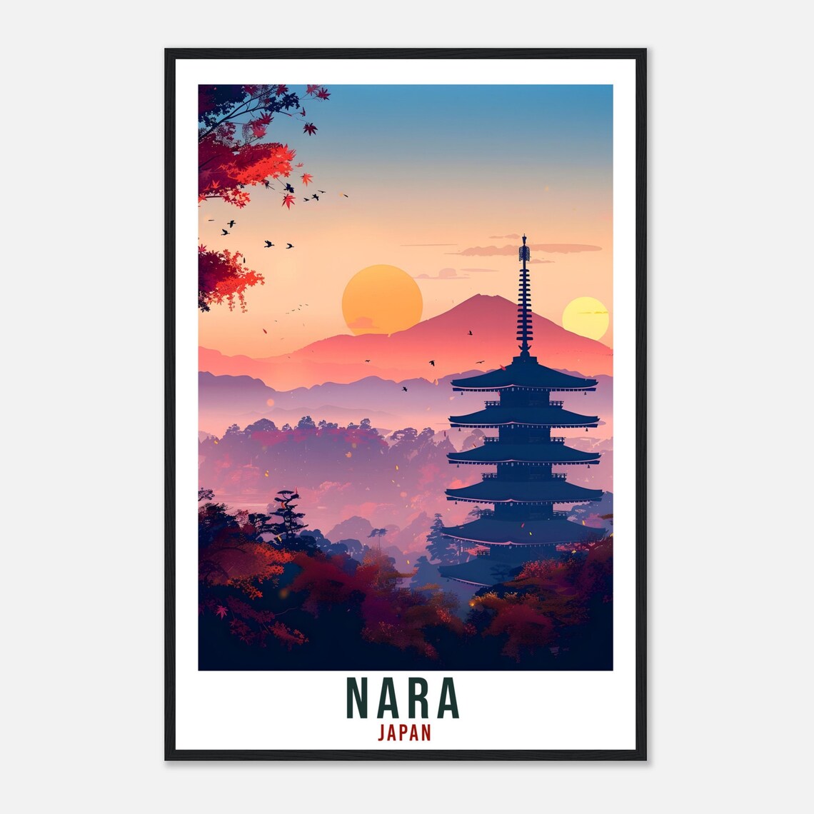 Nara Japan Five Story Pagoda Sunrise Maple Leaves Travel Poster - Image 4
