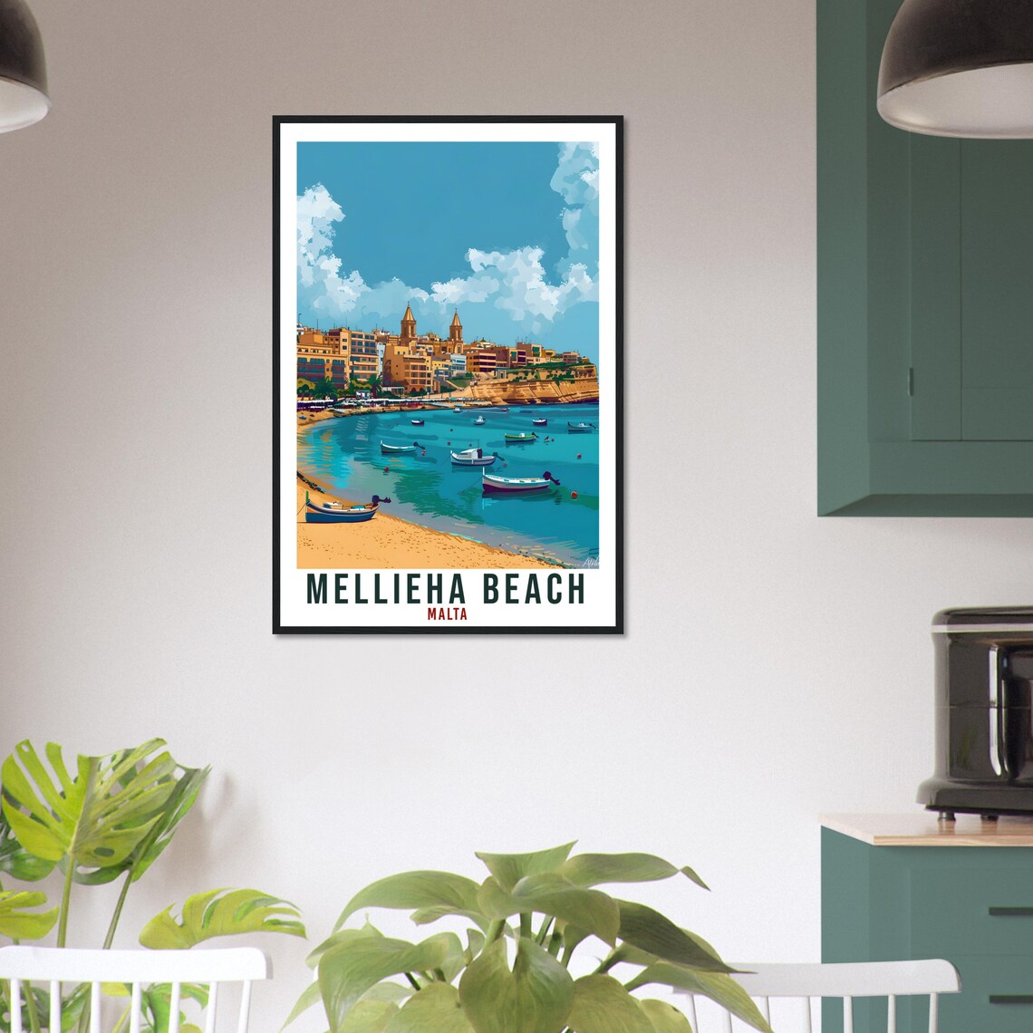 Mellieha Beach Malta Colorful Harbor Boat Scene Travel Poster - Image 2