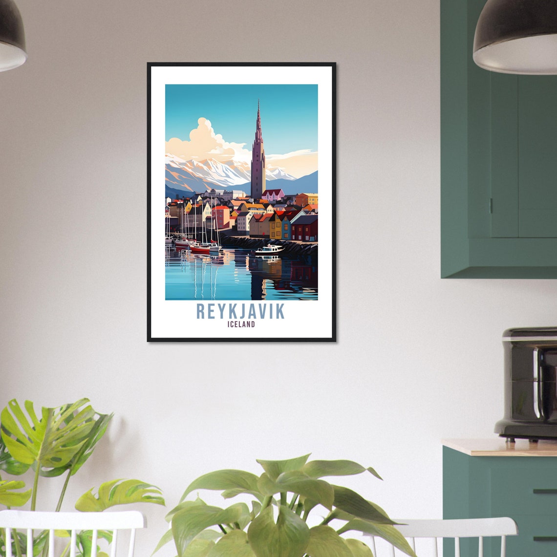 Reykjavik Iceland Harbor Church Spire Snowy Mountain Travel Poster - Image 3