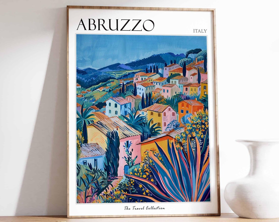 Abruzzo Italy Hilltop Village Cypress Trees Mountain View Poster