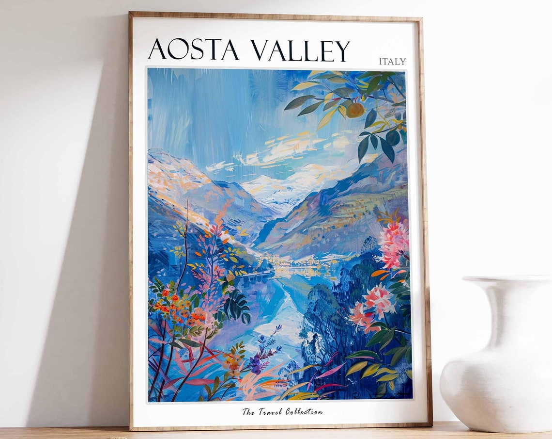 Aosta Valley Italy Floral Valley Snowy Peaks Blue Toned Poster