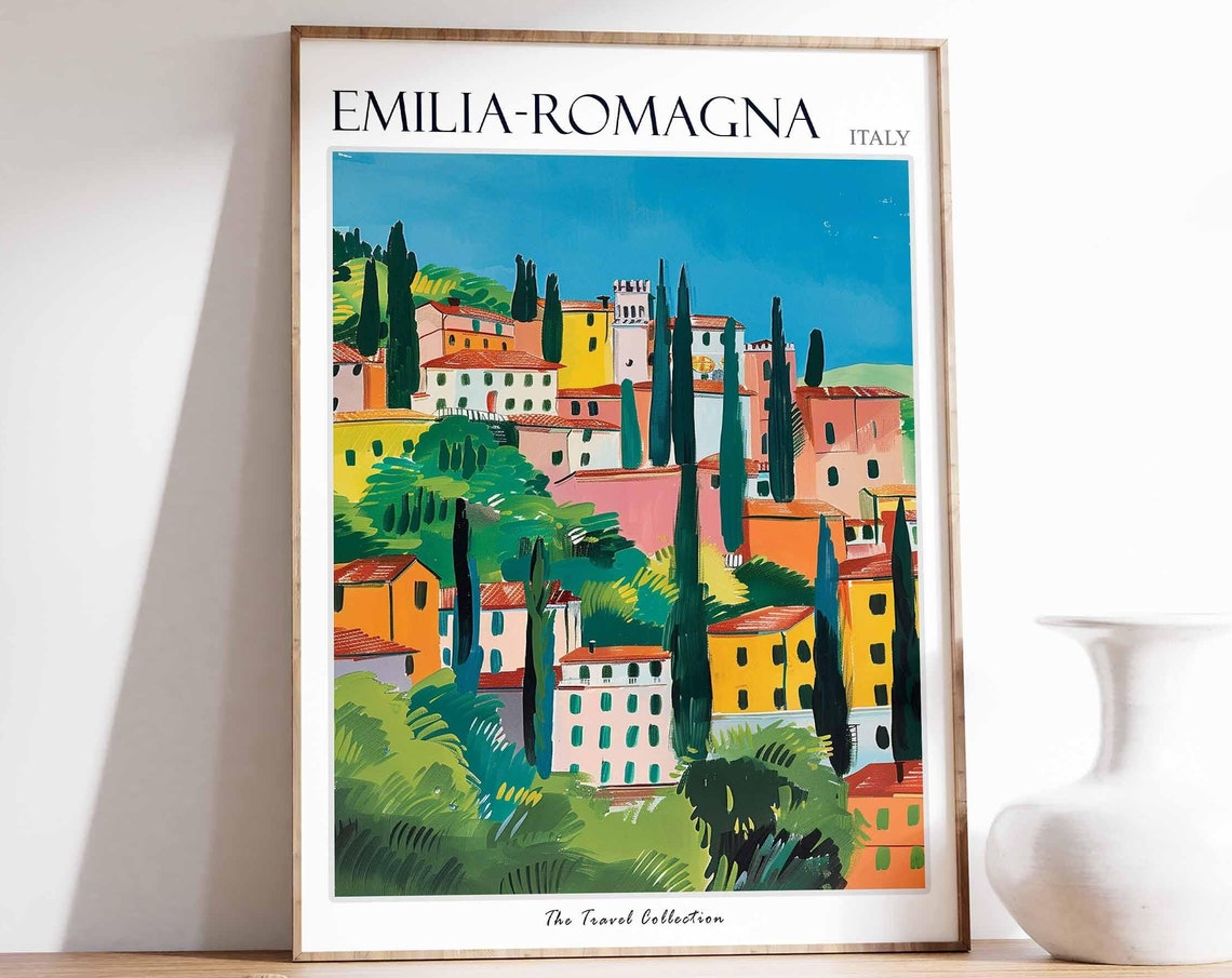 Emilia Romagna Italy Colorful Hilltop Town Cypress Trees Poster