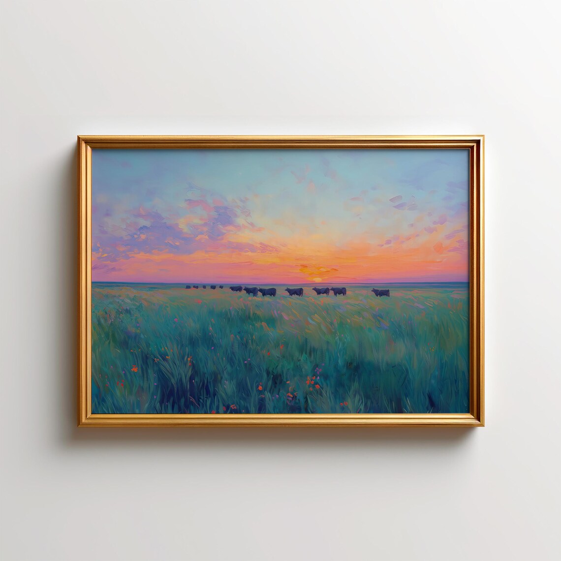 Texas Grassland Cattle Herd Sunset Prairied Rustic Farmhouse Art Poster