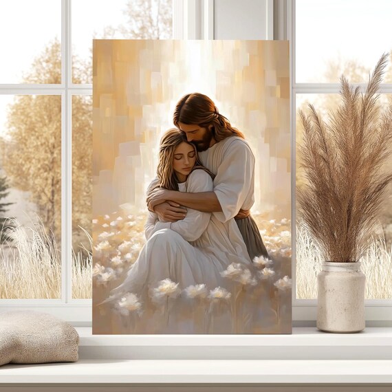 Jesus Embracing Seated Woman In Sunlit Wheat Flower Field Poster