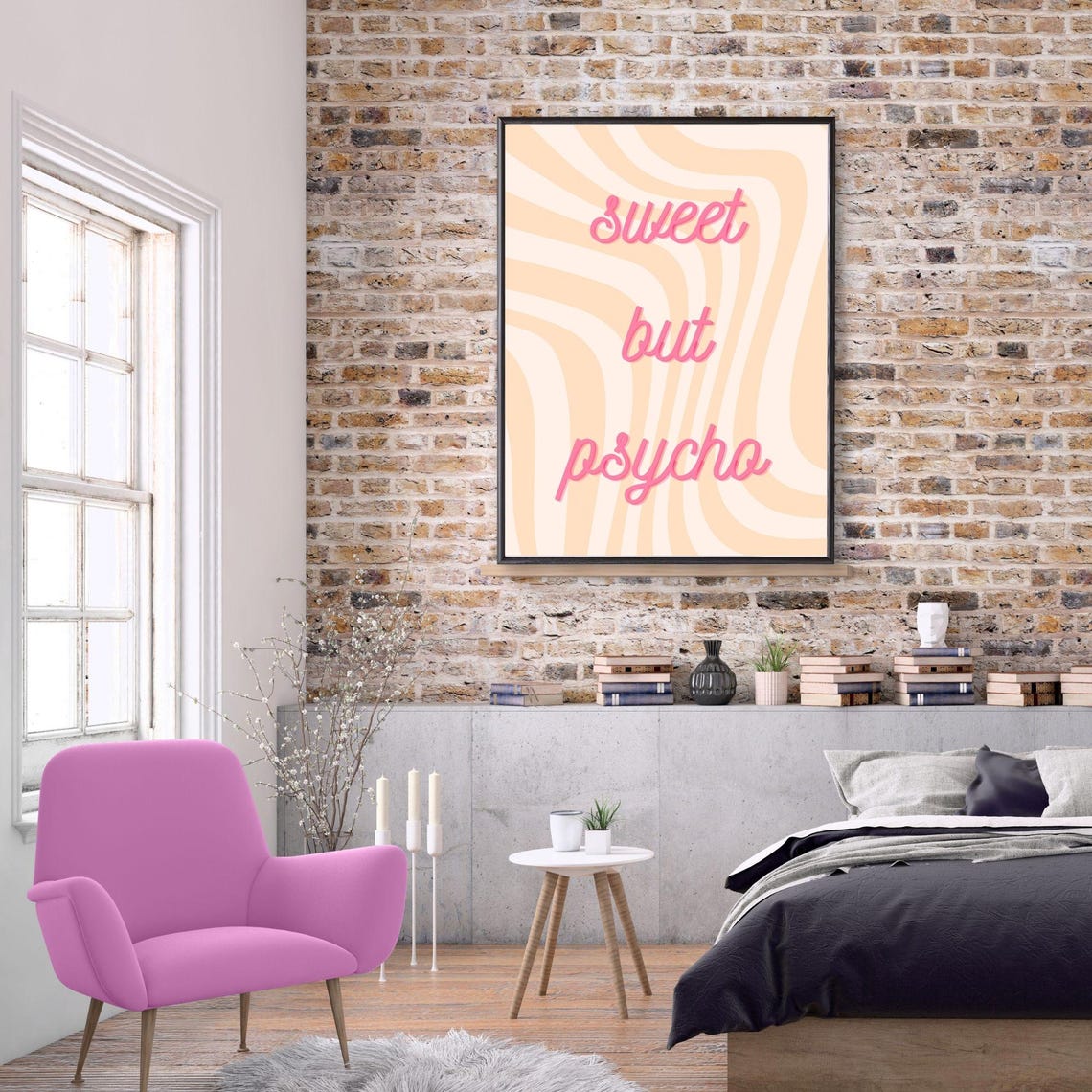 Sweet But Psycho Pink Retro Script Wavy Stripes Quote Wall Poster - Image 2