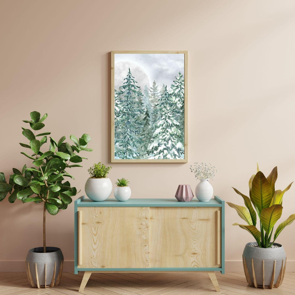 Snowy Pine Forest Moonlight Watercolor Winter Landscape Wall Poster - Image 4