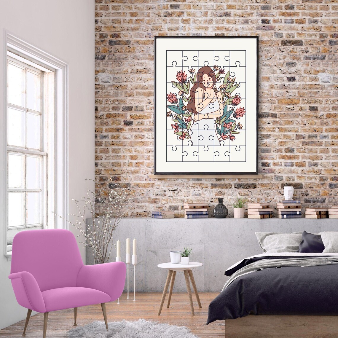 Floral Puzzle Woman Tropical Blooms Botanical Line Art Wall Poster - Image 5