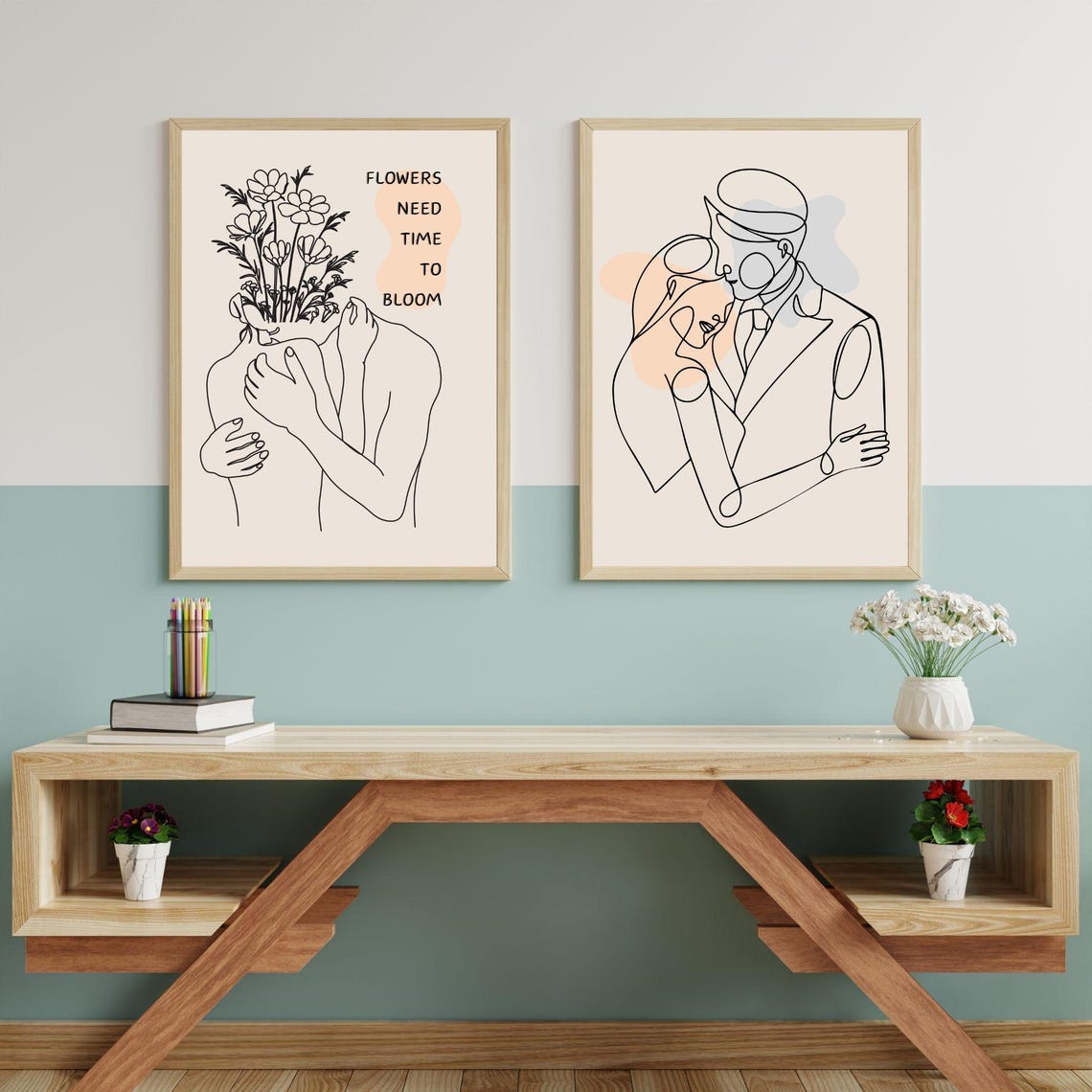 Flowers Need Time To Bloom Couple Line Art Motivational Wall Poster - Image 2