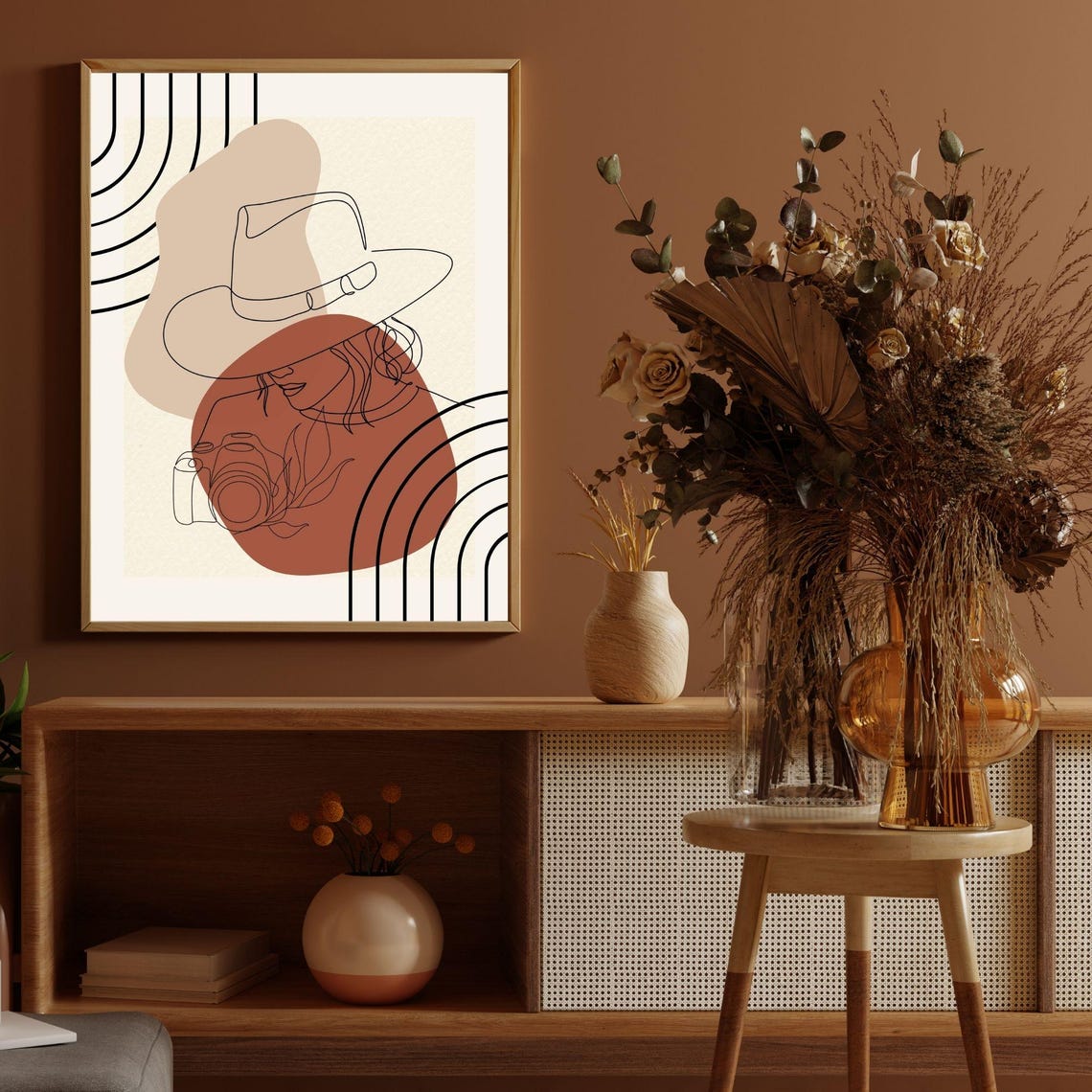 Boho Woman With Hat And Camera Line Art Abstract Wall Poster - Image 2