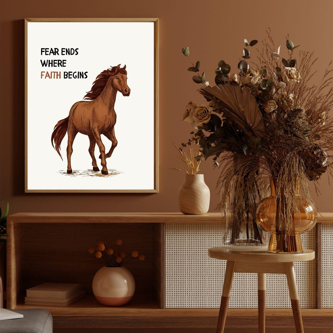 Fear Ends Where Faith Begins Chestnut Horse Inspirational Quote Poster