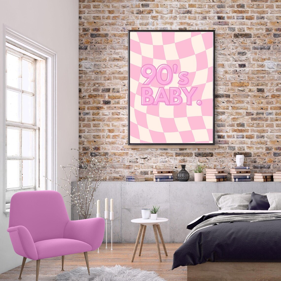 90s Baby Pink Retro Checkerboard Nostalgia Quote Wall Art Poster