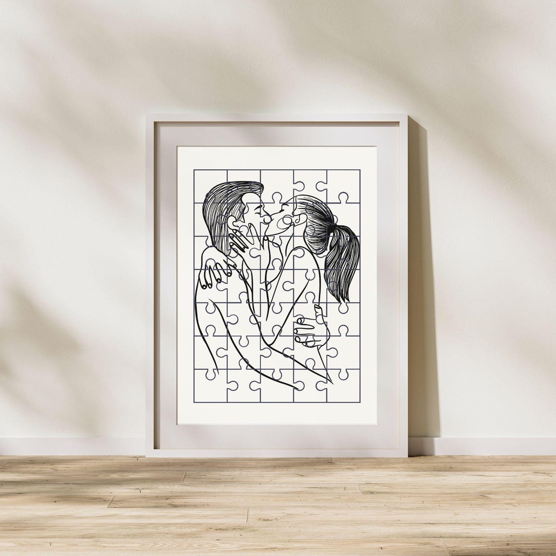 Passionate Couple Puzzle Kiss Line Art Romantic Black White Poster - Image 2