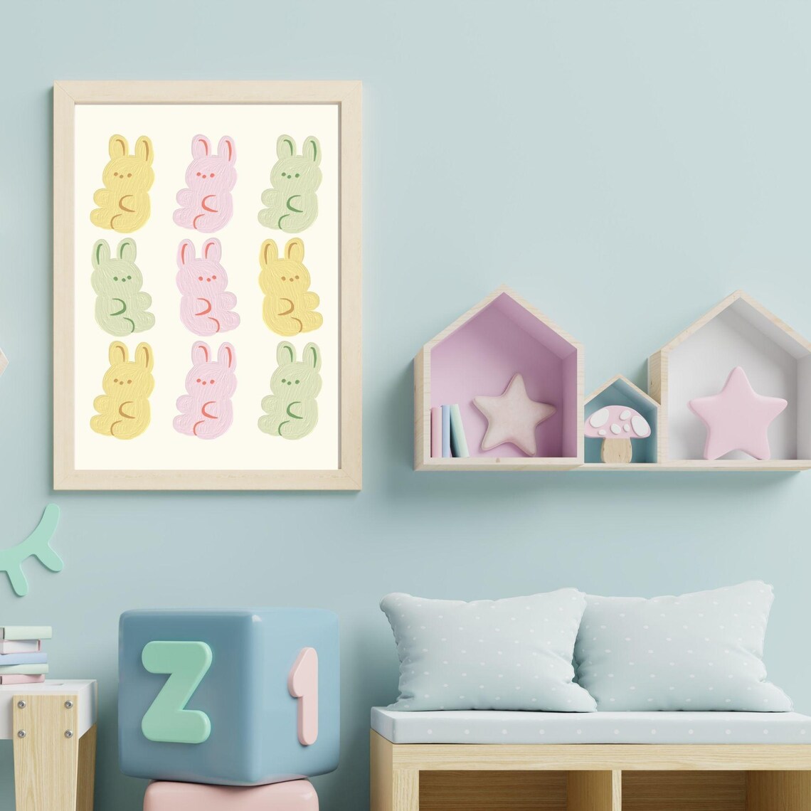 Cute Pastel Bunny Rabbits Grid Colorful Kids Room Nursery Wall Art Poster - Image 6