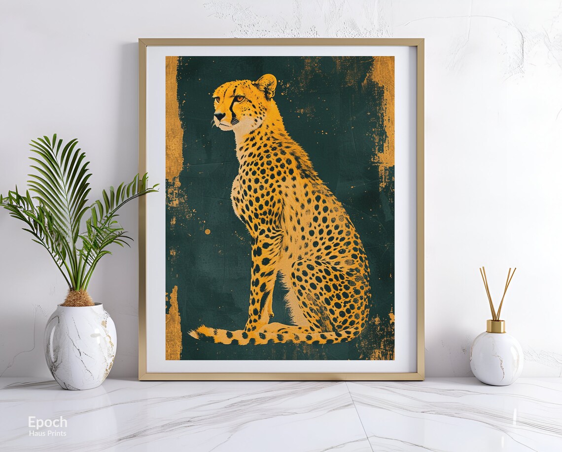 Golden Cheetah Seated Portrait On Dark Teal Boho Style Art Poster - Image 3