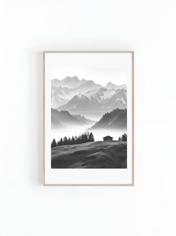 Black And White Photo Of Rolling Hills And Mountain Ranges Beautiful Landscape Photo Minimalist Wall Art Print Instant