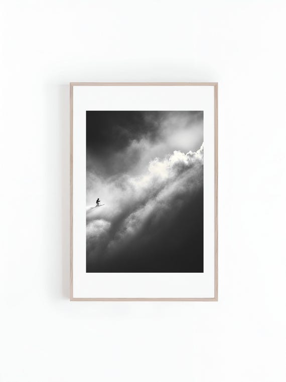 Photo Of Skier On Snowy Mountain Ranges Black And White Back Country Skiing Beautiful Landscape Photo Wall Art Instant