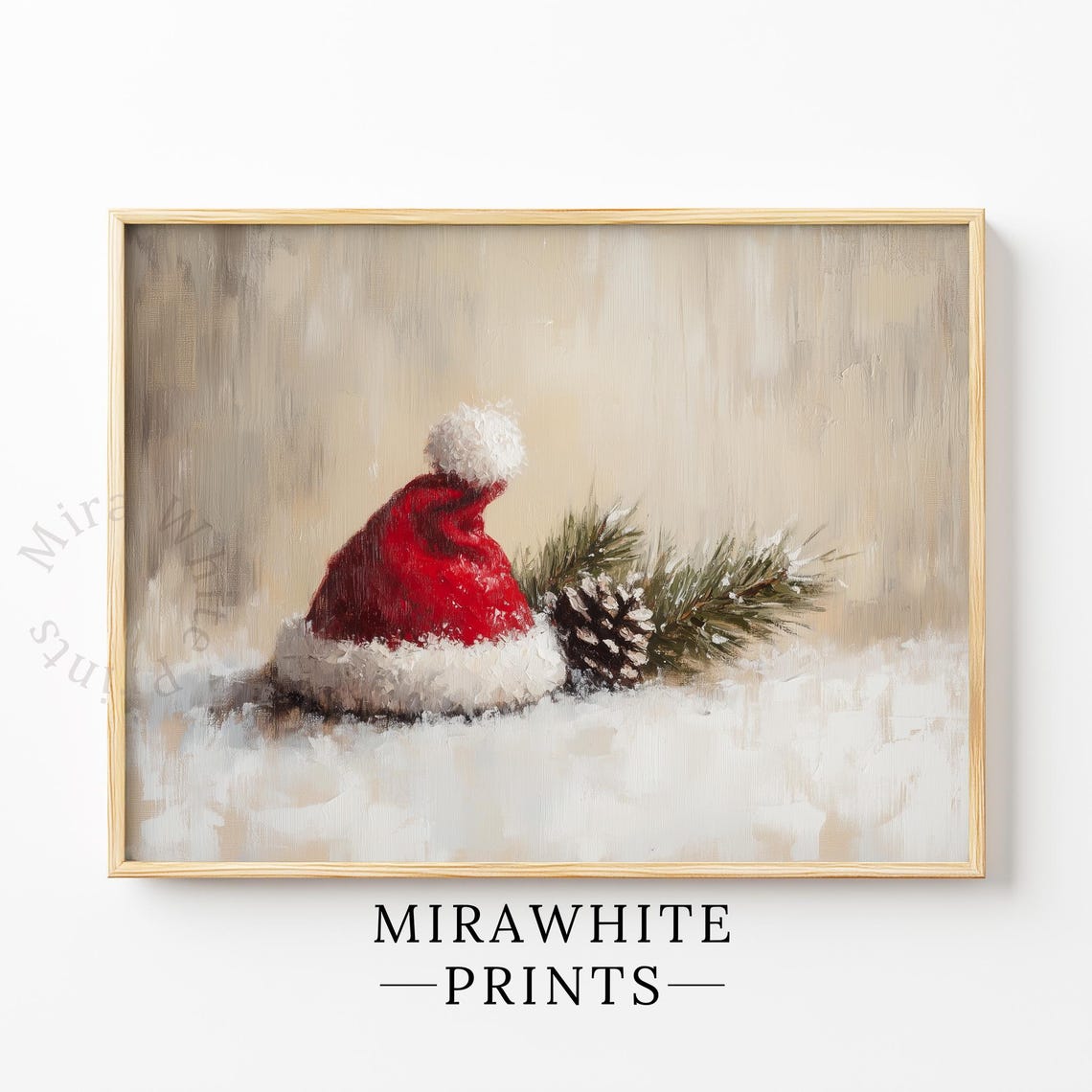 Red Santa Hat in Snow Pinecone Pine Sprig Christmas Painting Print