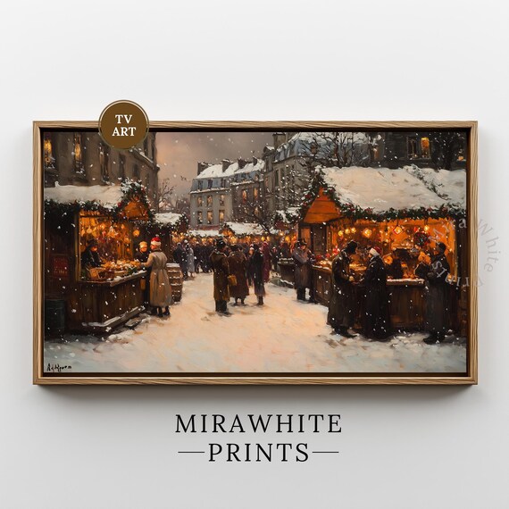 Vintage Paris Christmas Market Print Snowy Winter Street Scene Holiday