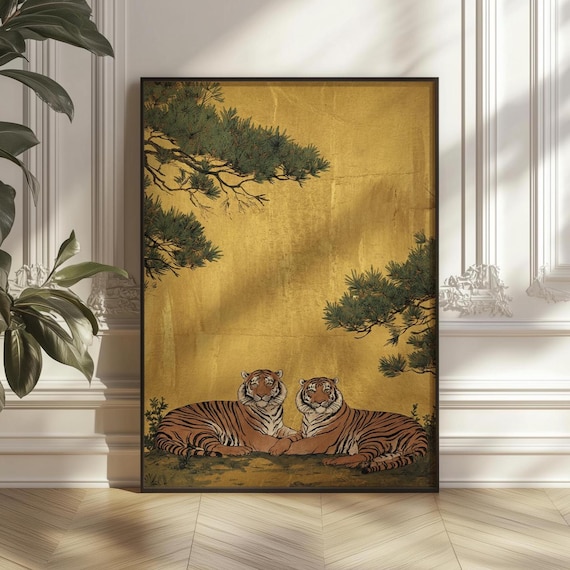 Japanese Tigers Wall Art Vintage Woodblock Print Traditional Oriental Animal Poster Gold Background Zen Decor Digital