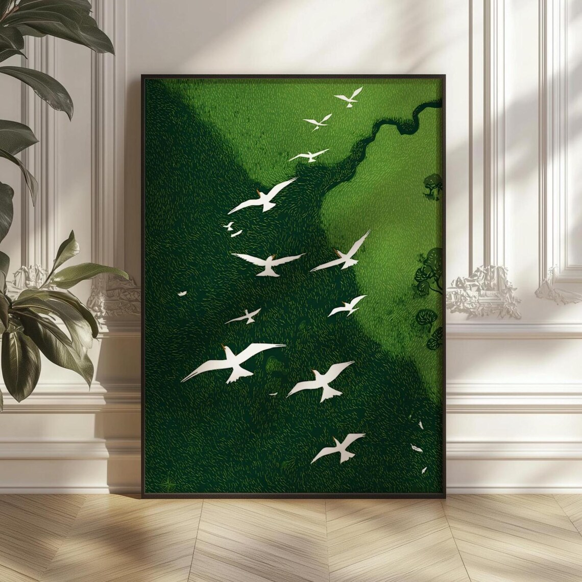 Flying Birds Over Green Valley, Minimalist Landscape Art Print