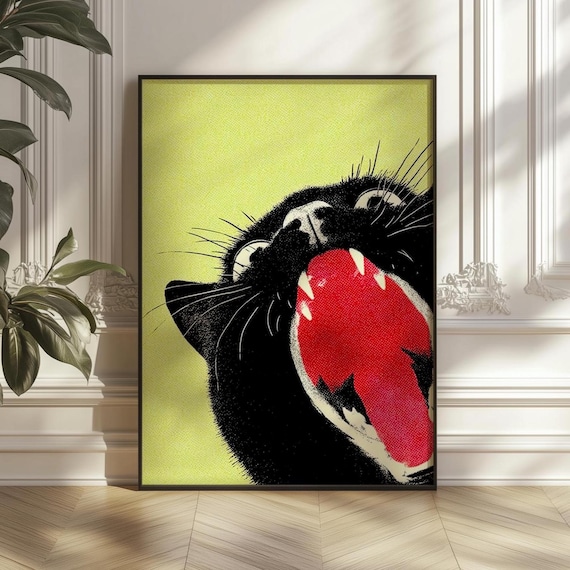Retro Pop Art Black Cat Print Funny Yawning Poster Lime Green Kitty Decor Modern Pet Lover Gift Living Room