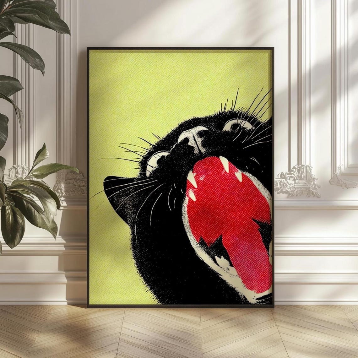 Retro Pop Art Black Cat Print Funny Yawning Poster Lime Green Kitty Decor Modern Pet Lover Gift Living Room