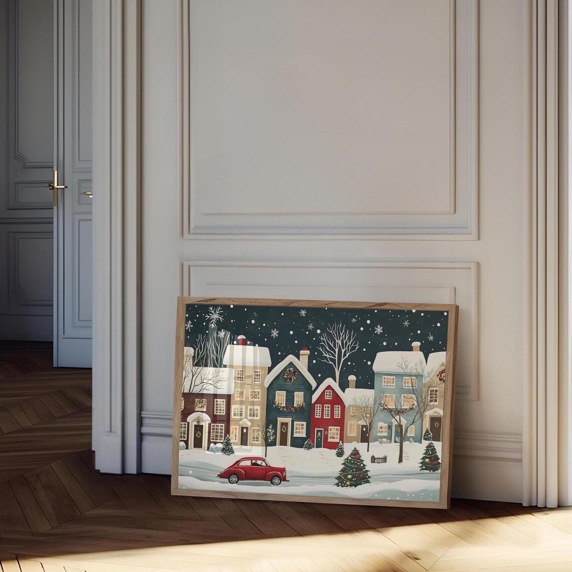 Christmas Town Night Snowy Village Red Car Glowing Holiday Poster - Image 4