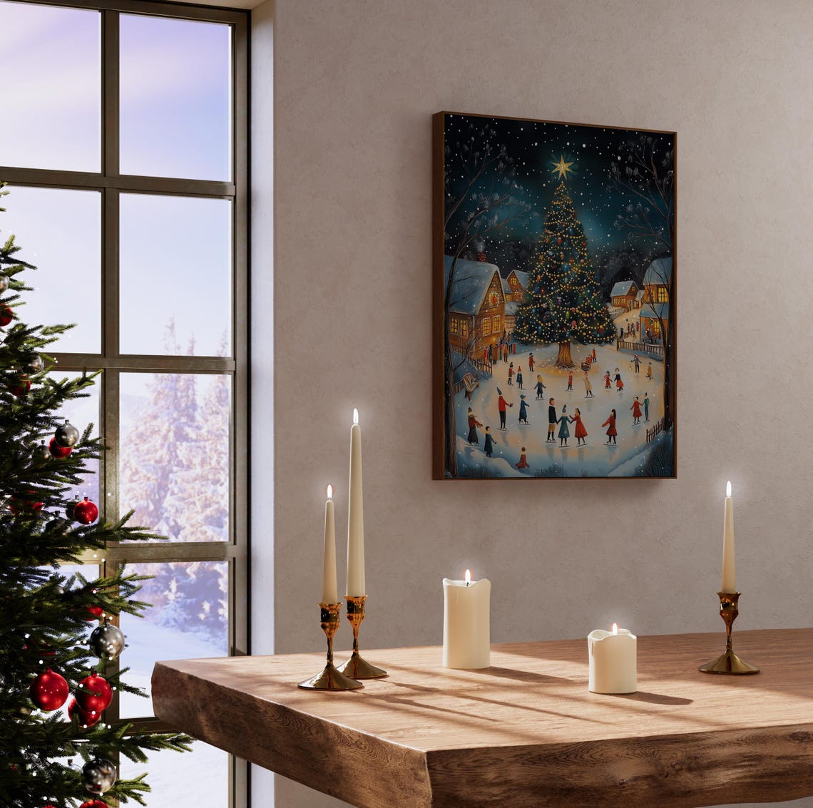 Village Christmas Tree Night Ice Skaters Pond Holiday Art Poster - Image 5