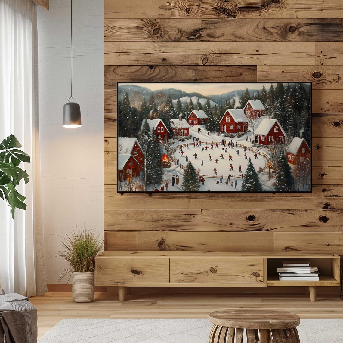 Village Ice Skating Pond Red Cottages Snowy Mountains Art Poster - Image 4