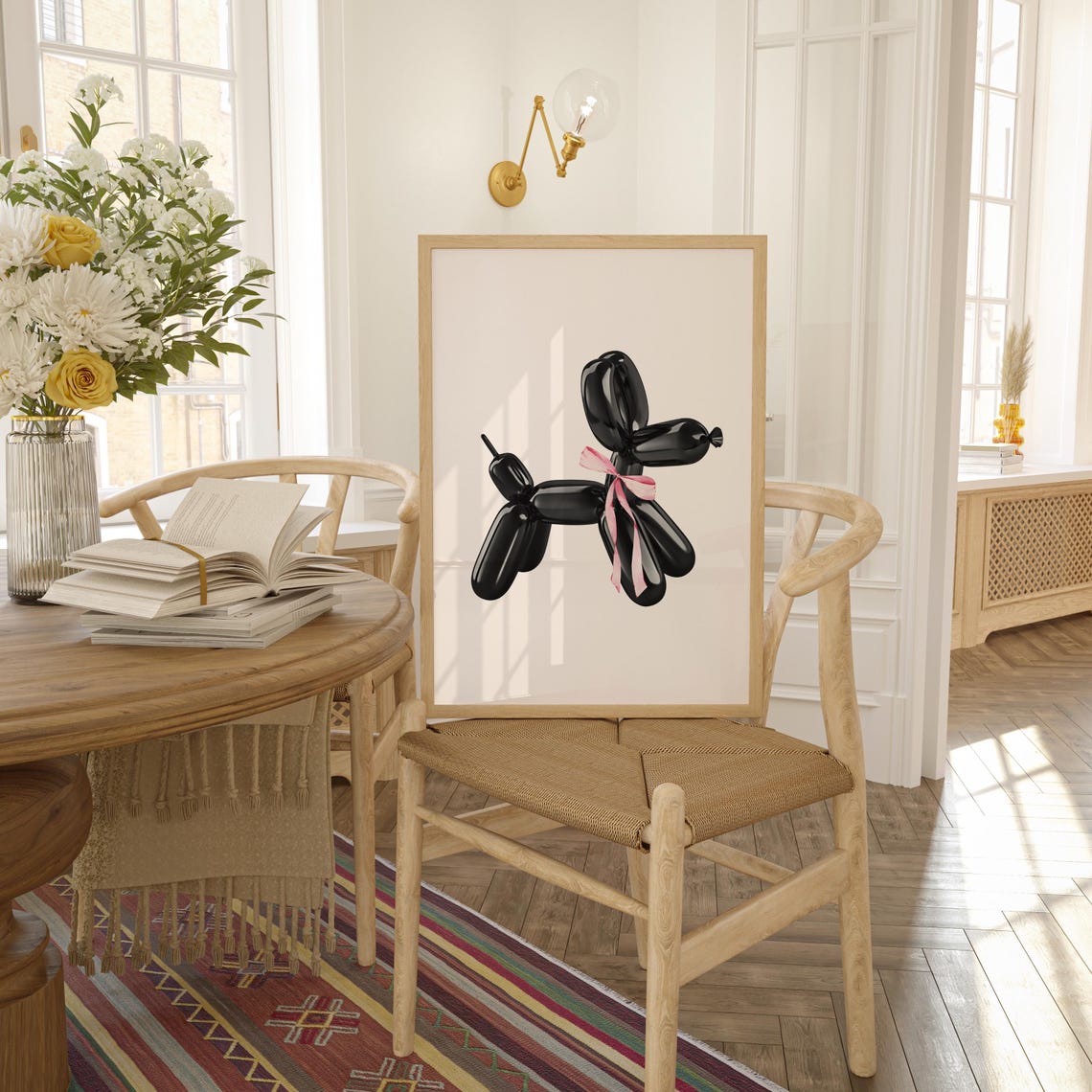 Black Balloon Dog Pink Bow Minimalist Pop Art Style Wall Poster