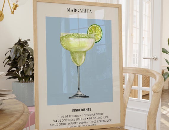Margarita Cocktail Recipe Watercolor Green Lime Kitchen Bar Poster