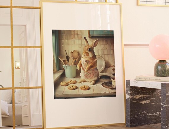 Bunny Baker In Apron Making Cookies Vintage Kitchen Animal Poster
