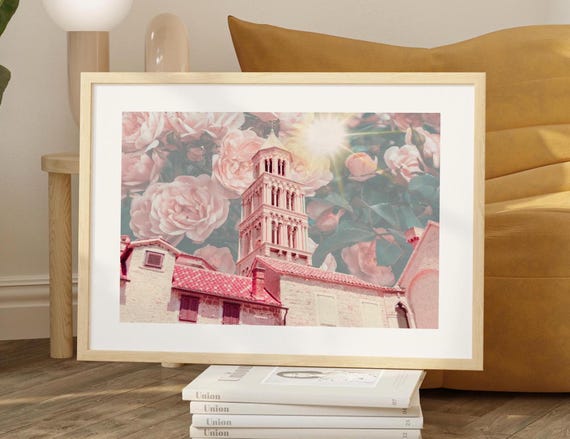 Maximalist Eclectic Fashionista Floral Art Print Bold Architecture Surrealism Altered Poster Fun Colourful Pink Feminine Vintage Dorm