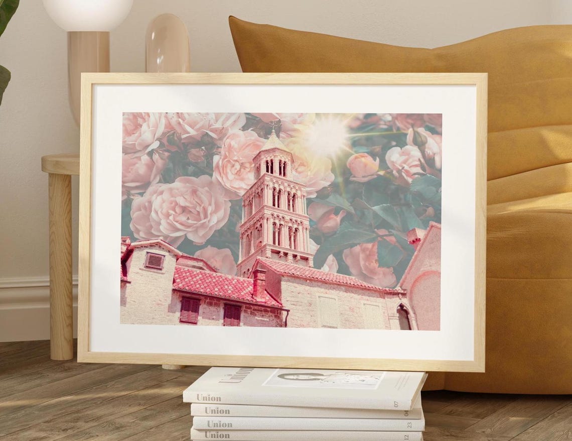 Pink Roses Baroque Church Tower Romantic Floral Collage Poster