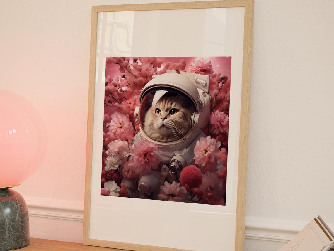 Dreamy Astronaut Cat In Pink Flowers Space Floral Art Poster