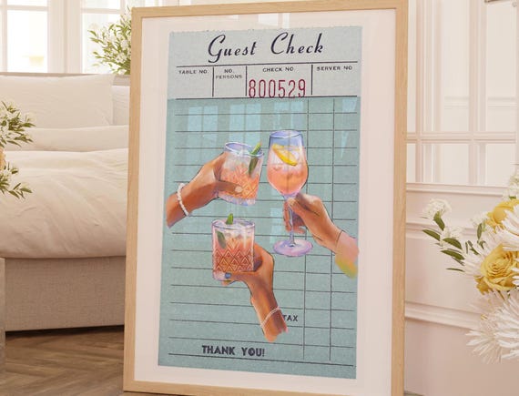 Blue Guest Check Summer Cocktail Cheers Three Hands Retro Bar Poster
