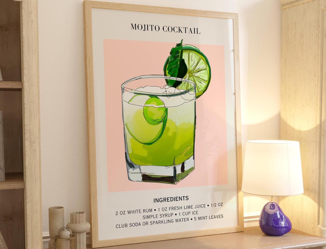 Mojito Cocktail Recipe Ingredient Chart Kitchen Bar Art Poster